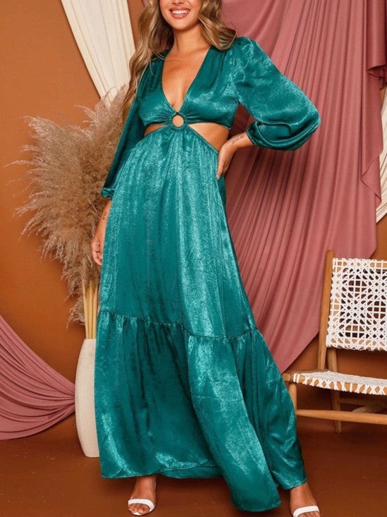 Peach Love California Dresses & Skirts - Peach Love California Dress Womens M Green Satin Cutout Ring Maxi Gown Fairy